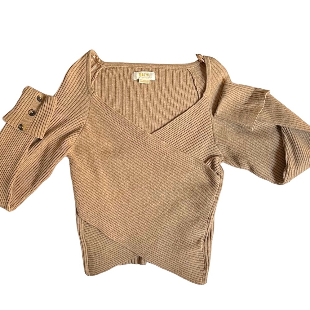 MAEVE Anthropologie Tan Cropped Sweater Crisscross Front LongSleeves Button Cuff